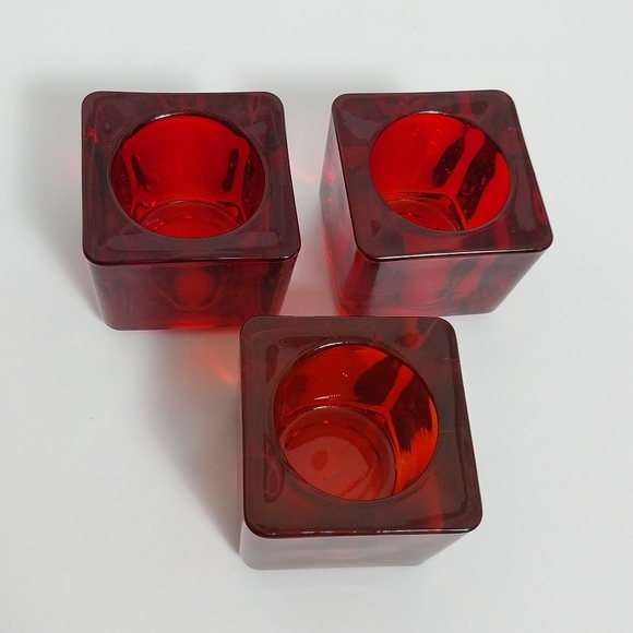 Vintage Mid Century Votive Candle Holders Ruby Cadmium Red Cube Art Glass - Picture 4 of 8